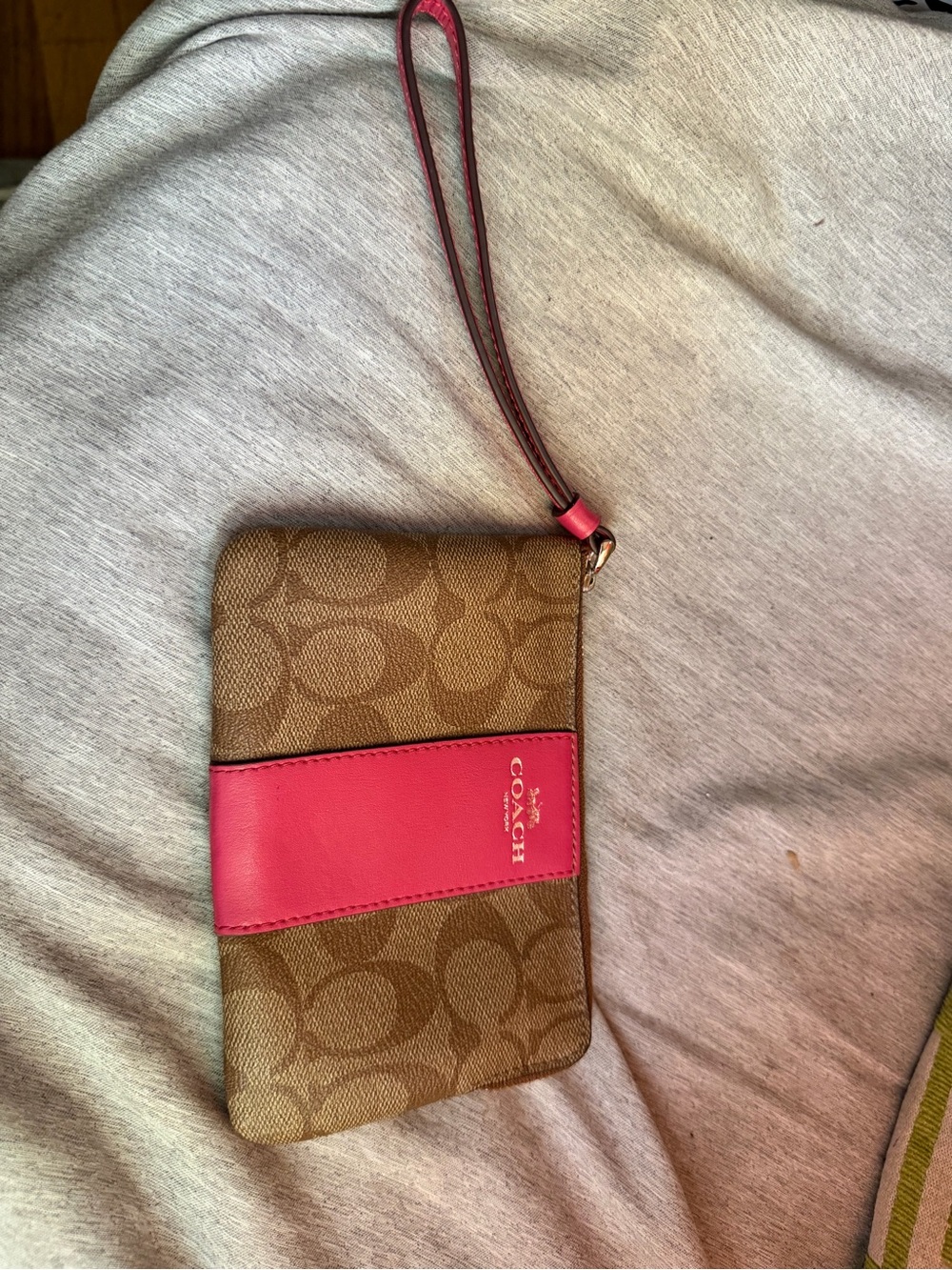 Coach Brown Signature Canvas Wristlet with Pink Leather Trim